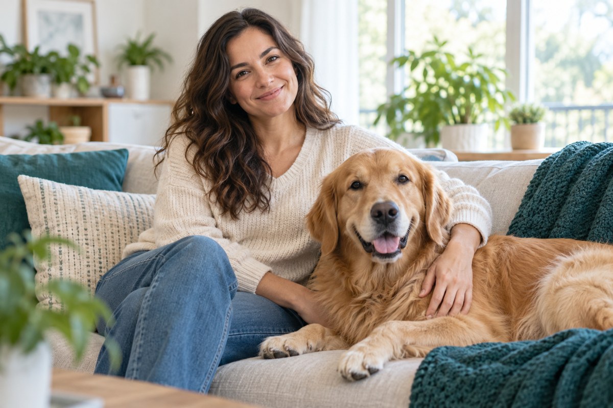 A woman relaxing at home with a golden retriever by her side